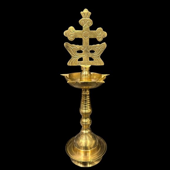Vintage Solid Brass Nilavilakku Lamp with Sleeba Christian Cross – 12” Tall - Picture 1 of 6